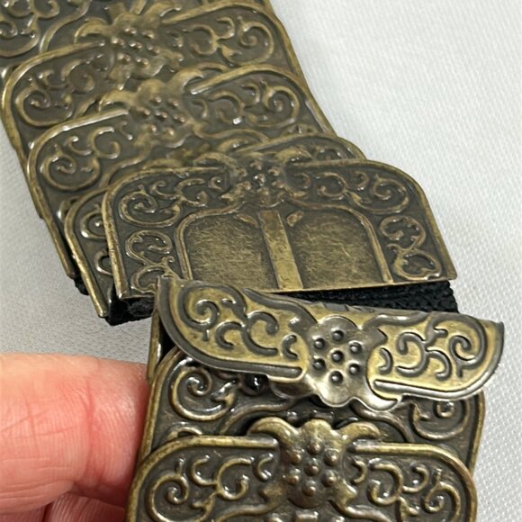 Vtg Steampunk Metal Brass Tone Elastic Belt Ornate Buckle Rhinestones Y2K - Picture 7 of 9